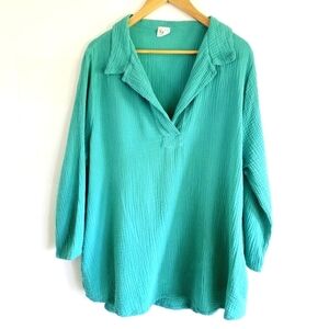 Et' Lois Gauze Cotton Turquoise Collared V-Neck Women's Tunic Blouse Size L